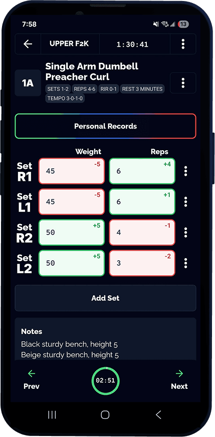 App UI showing Unilateral, isometric, superset & bodyweight set tracking