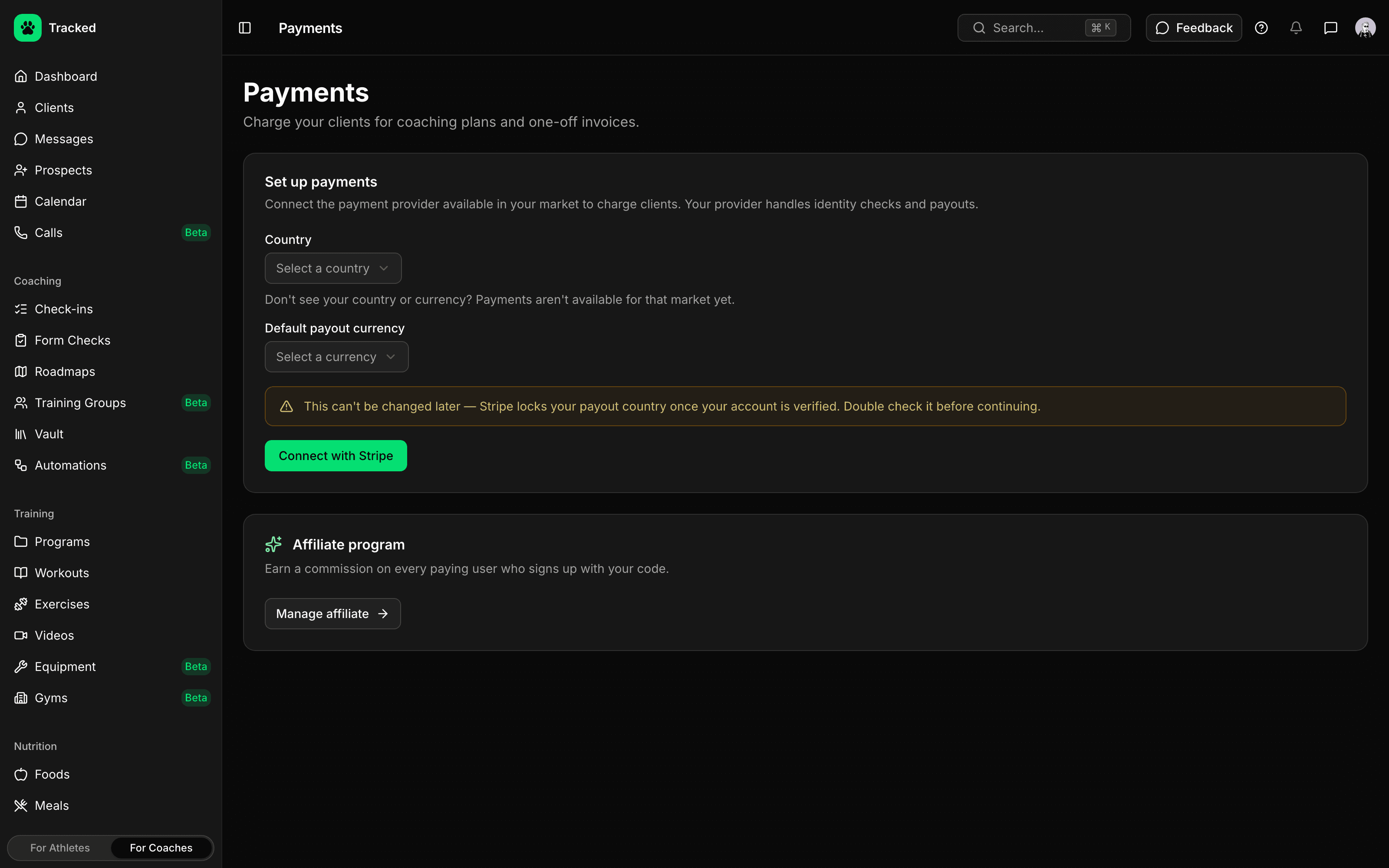 Configuração de pagamentos Stripe no painel de coaching Tracked