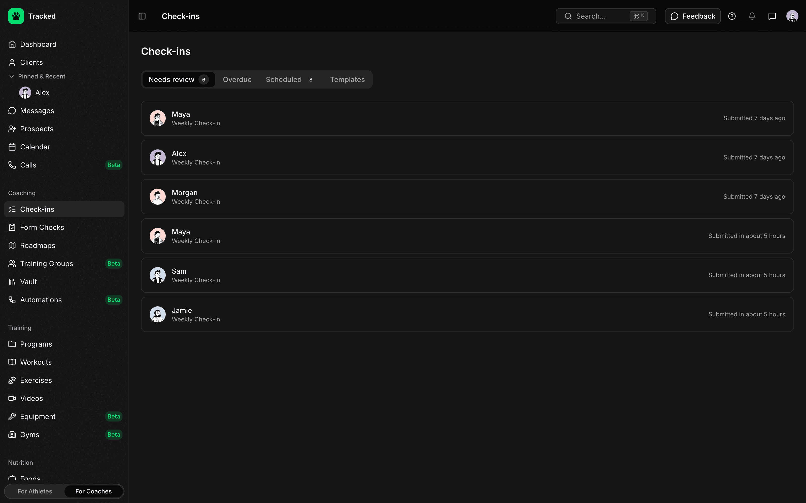 Kunden-Check-in-Funktion in der Tracked App