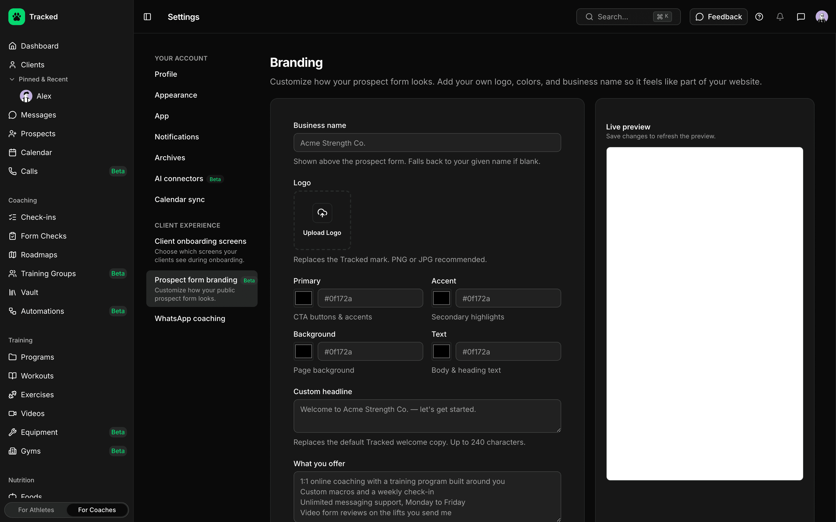 Branding settings for the application form, with a live preview