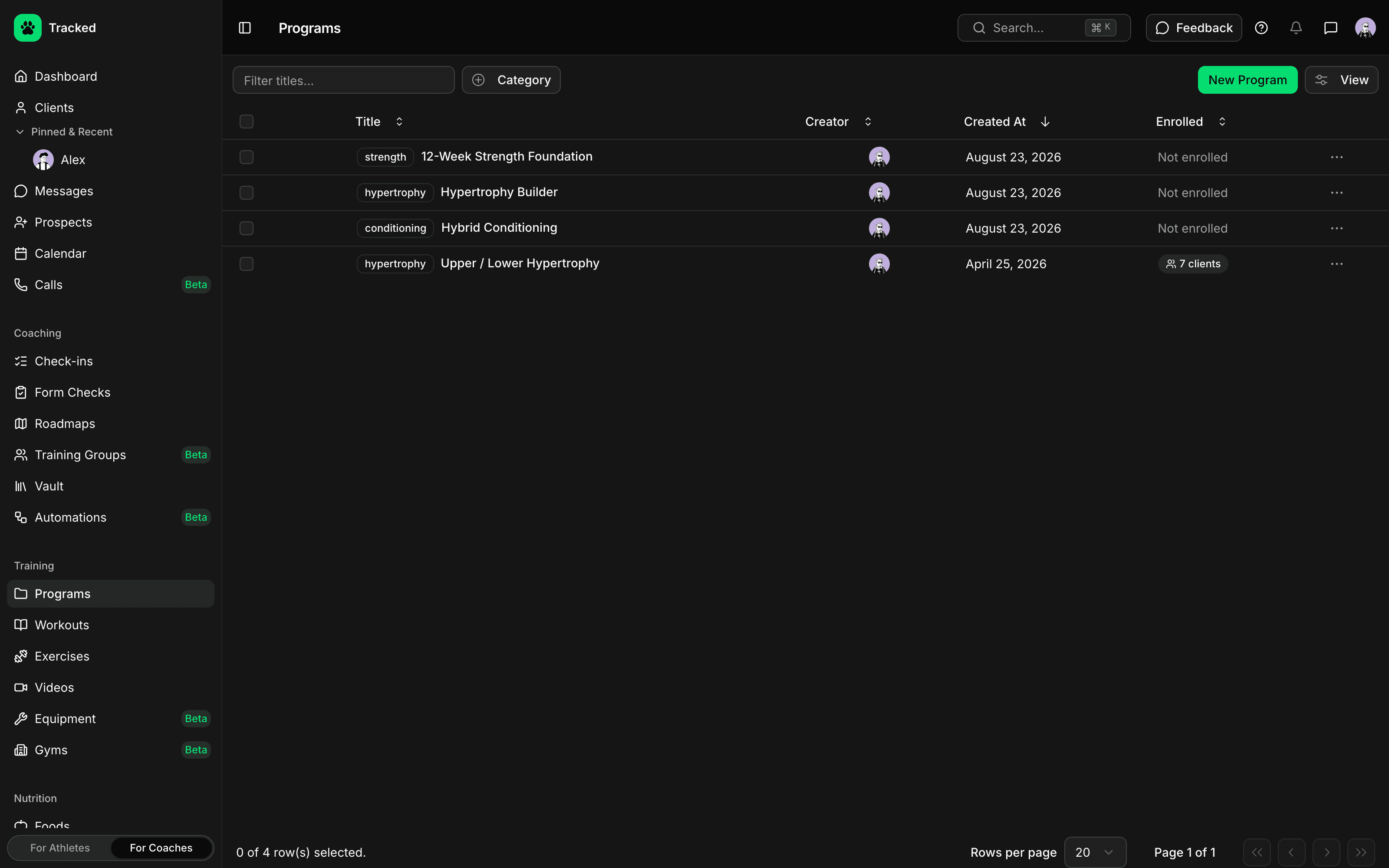 Tablica programu w panelu coachingowym Tracked