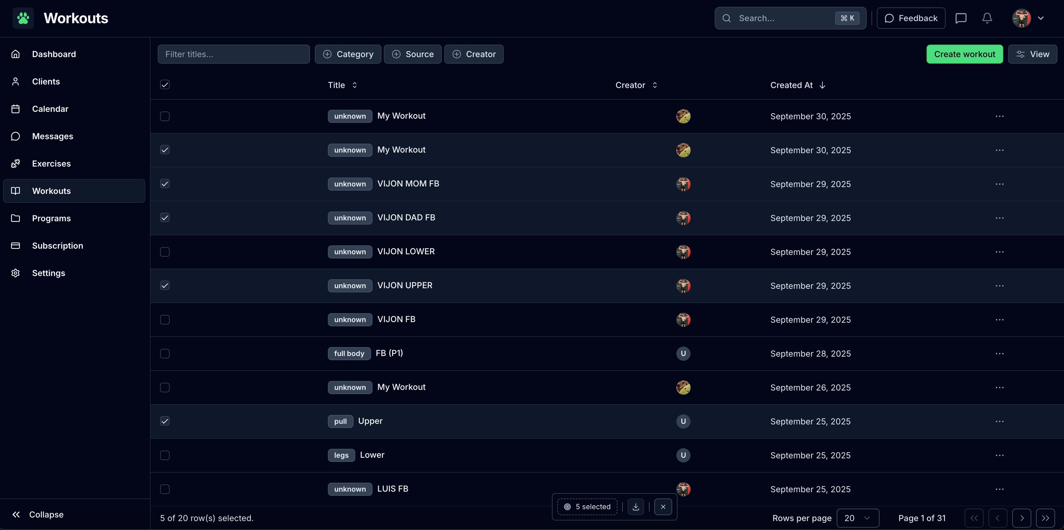 Workouts dashboard