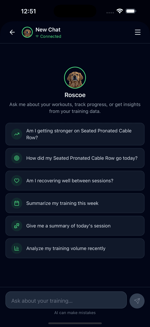 Rozmowa z trenerem AI Roscoe w aplikacji Tracked