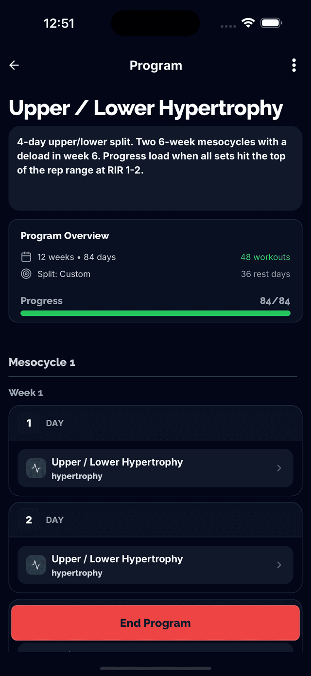 Un programme en mésocycles dans Tracked, une alternative à RP Hypertrophy