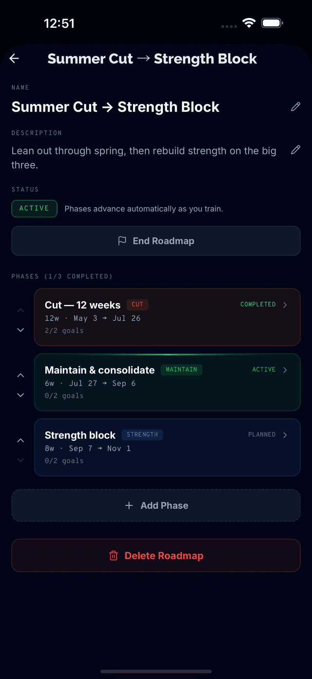Training phases laid out on a client roadmap