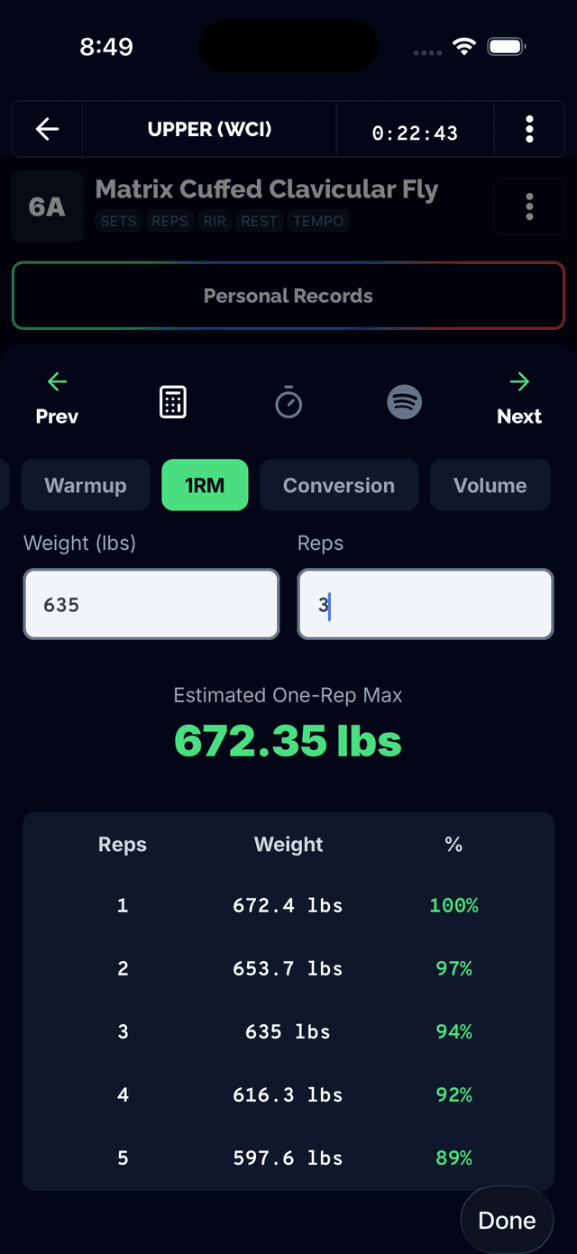 One-rep max calculator with RIR adjustment