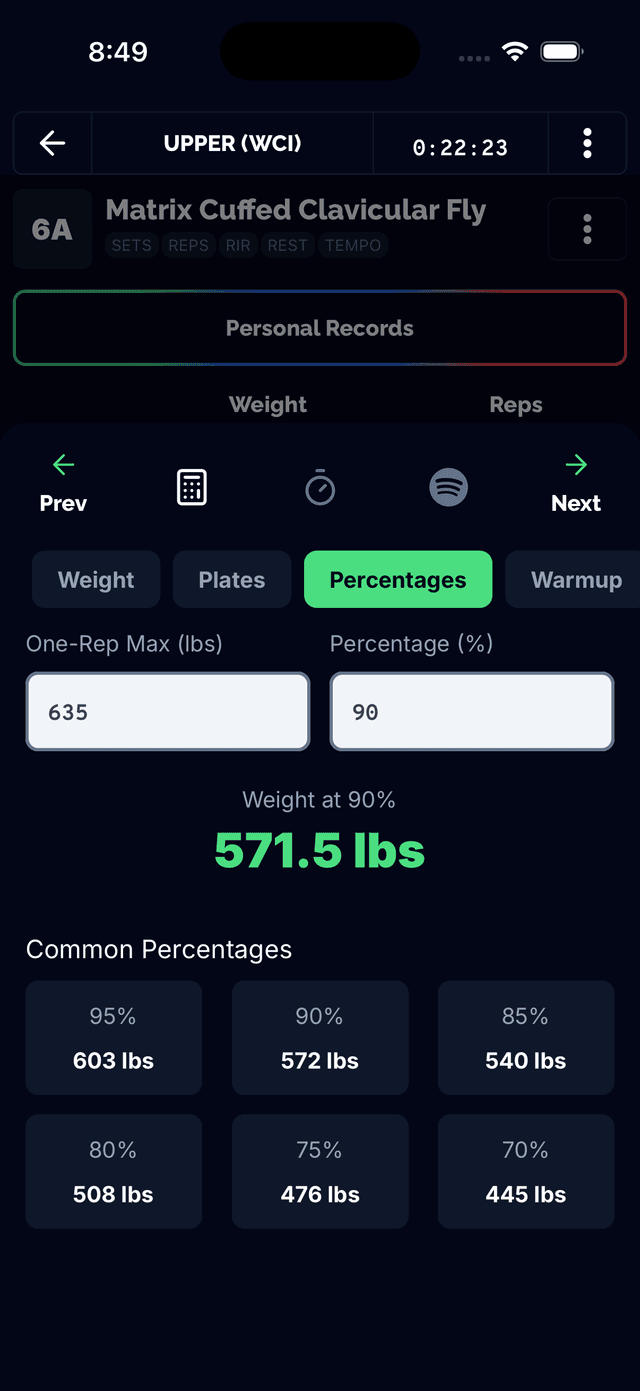 Percentage of 1RM calculator showing preset percentages