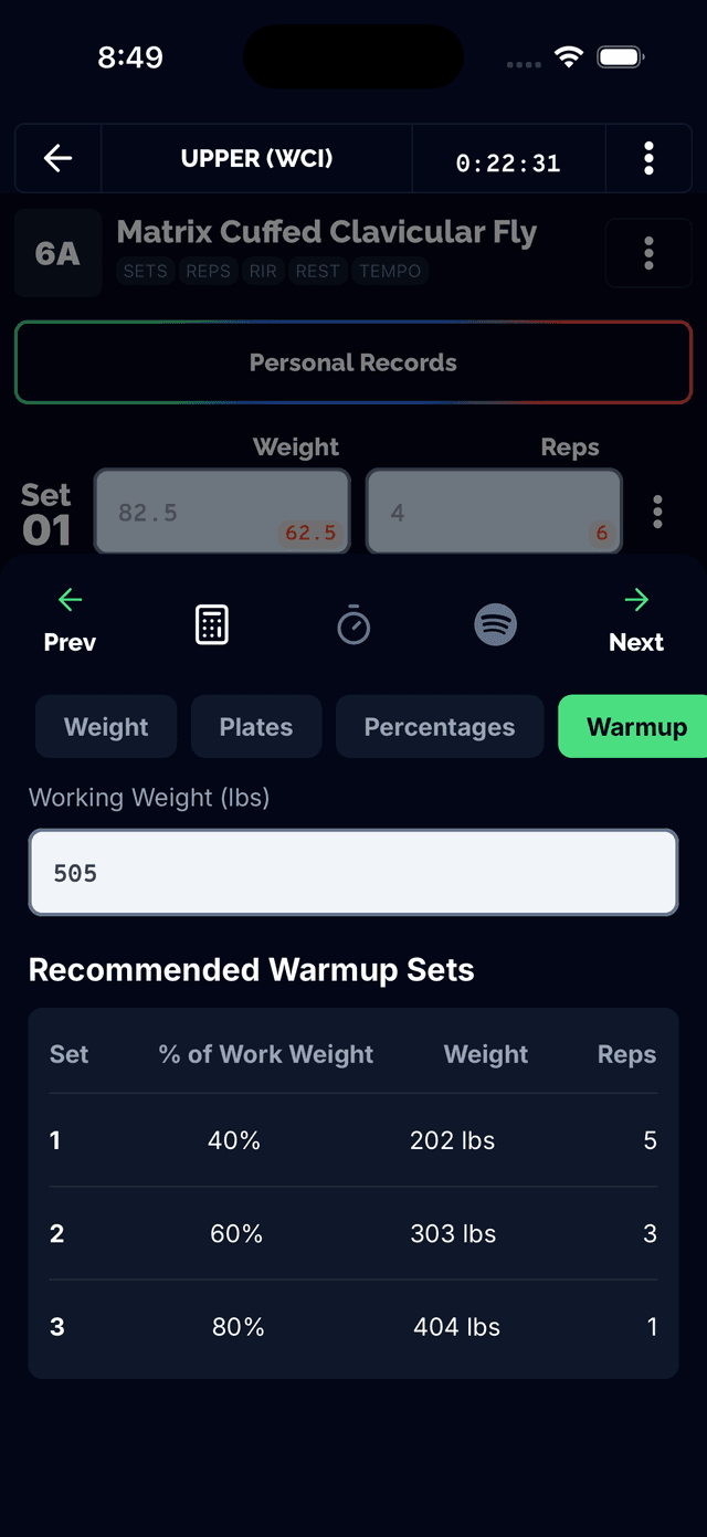 Warmup set generator showing progressive sets