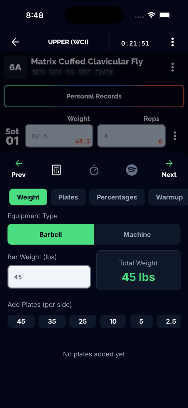 Volume calculator showing weight times reps times sets