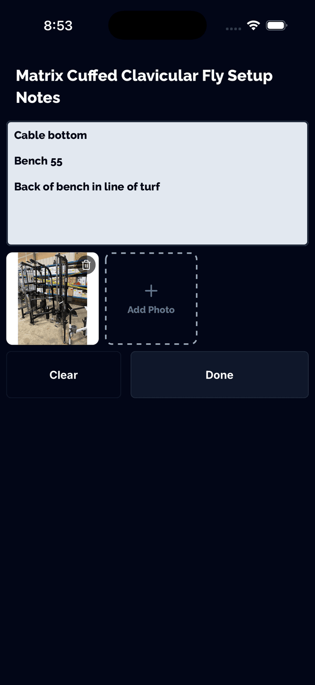 Exercise note with attached photos showing setup