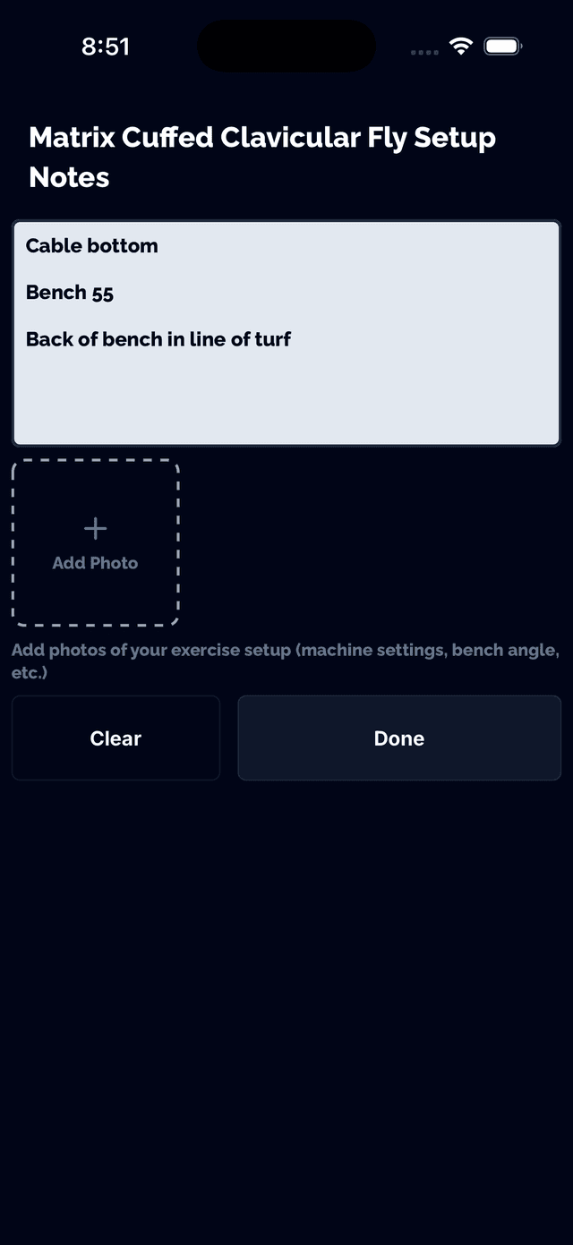 Exercise setup notes with cues and reminders