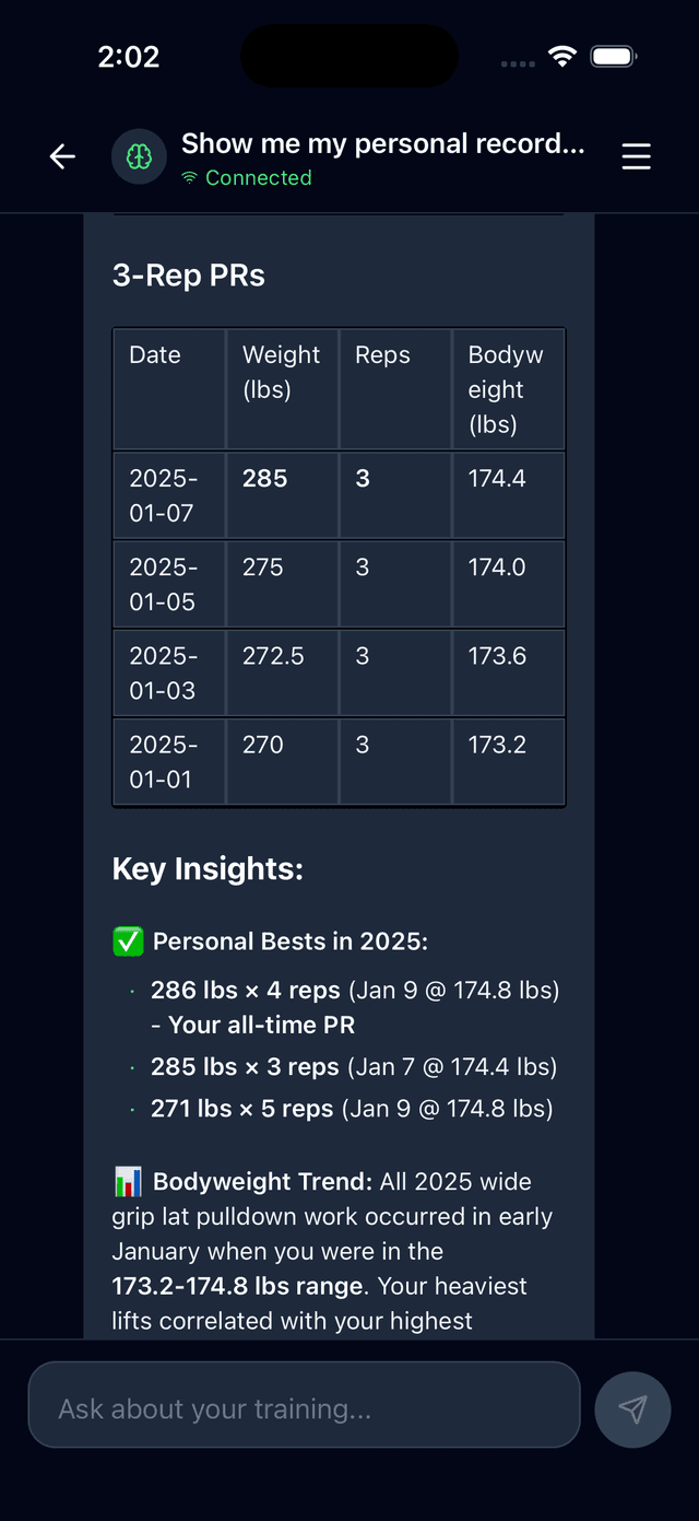 Insights con IA sobre récords personales y datos de entrenamiento