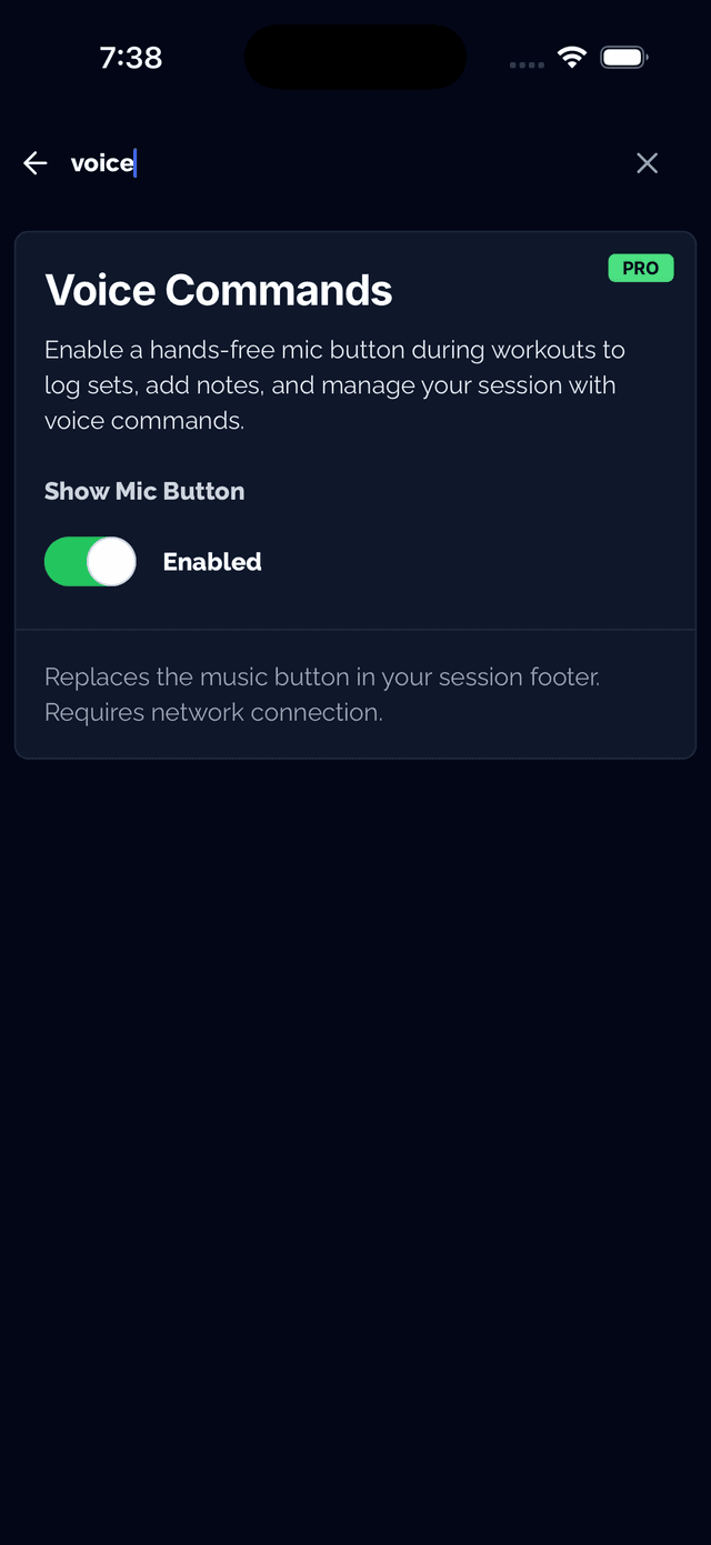 Voice commands settings in the Tracked app