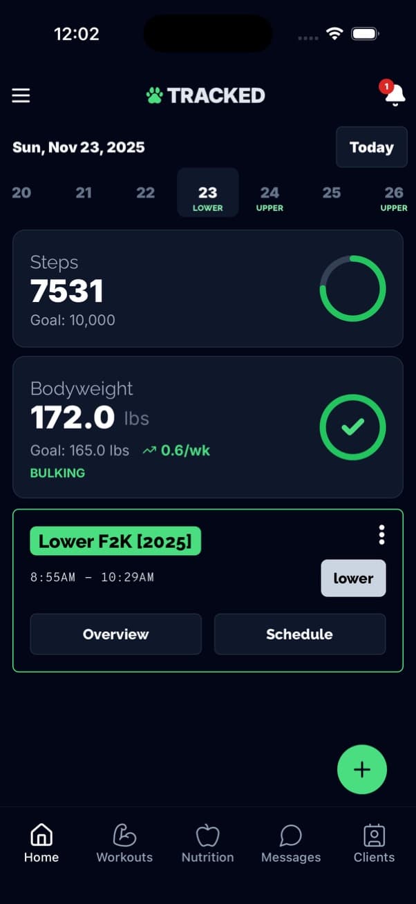 Tracked home dashboard with daily training summary and bodyweight graph